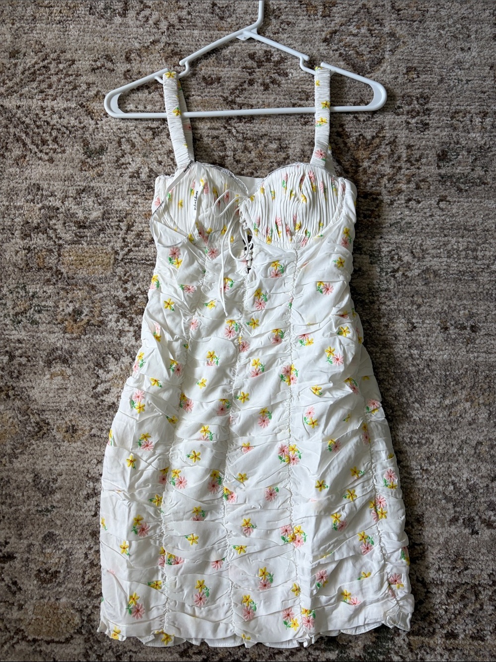 For Love & Lemons White Mini Dress with Yellow and Pink Floral Print